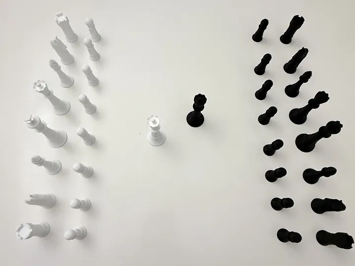 A 3D printed chess set in black and white on the test print board