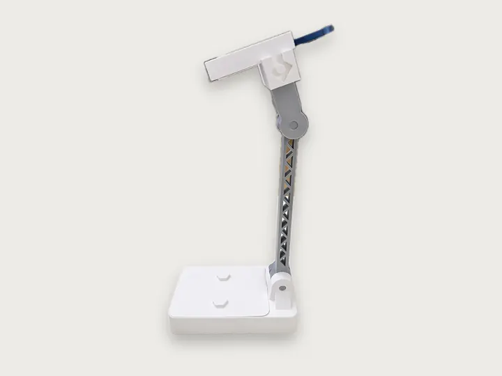 A 3D printed phone stand with a hinged arm and a clamp, in white and grey