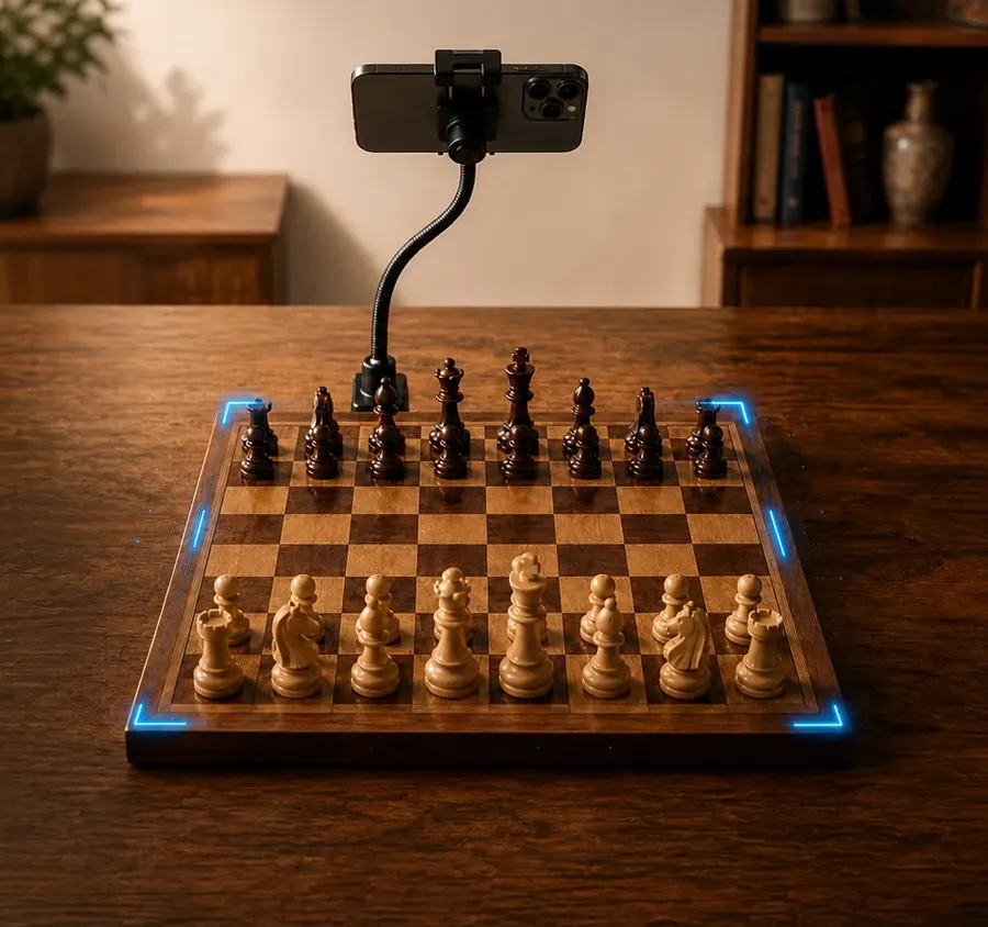 An iPhone on a stand above a wooden chess board with real pieces, its camera on the game