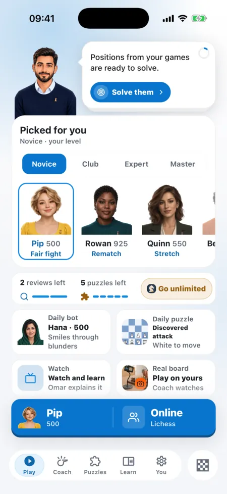 Eloqi’s home screen: bots picked for your level, with Pip, Rowan and Quinn, a daily bot and a daily puzzle