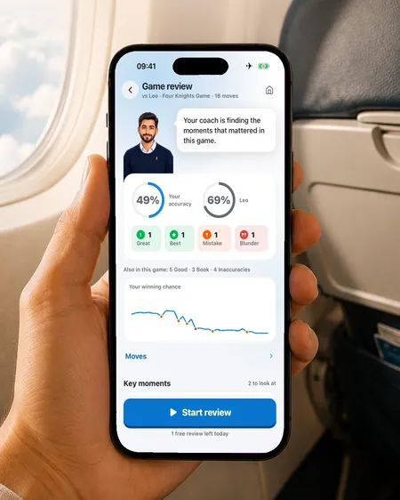 An iPhone in airplane mode on a plane, showing Game Review in Eloqi with both players’ accuracy and a winning-chance graph