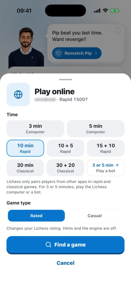 The Play online sheet in Eloqi: rapid and classical clocks, Rated or Casual, and Find a game