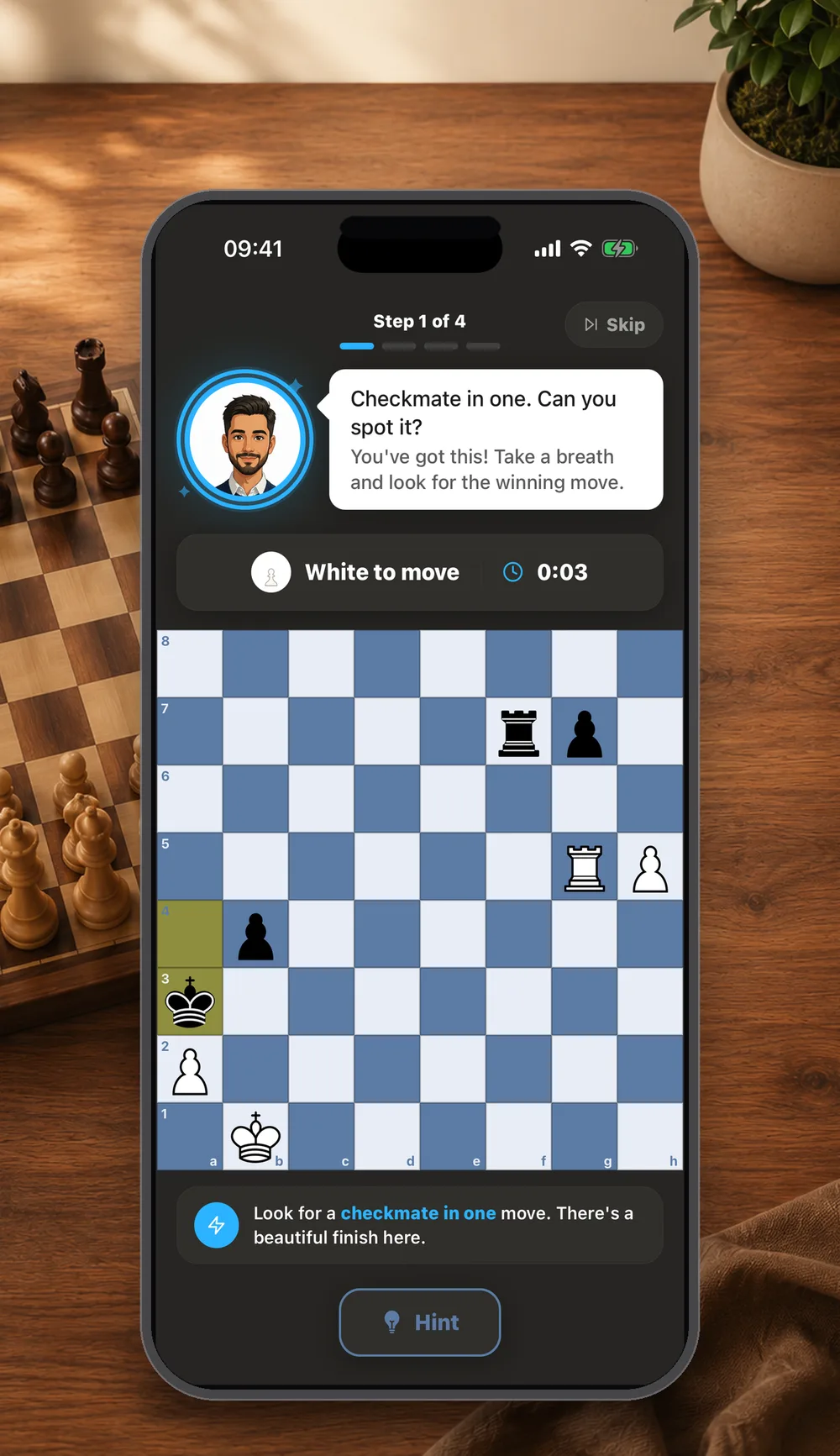 A guided puzzle with coach commentary
